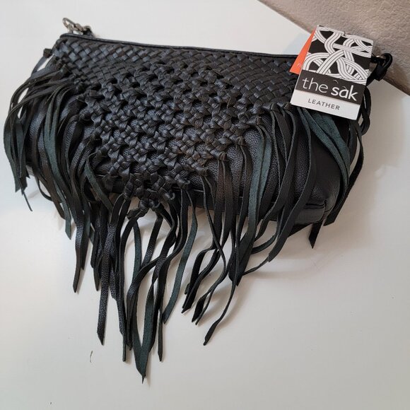 NWT The Sak Black Woven Leather Fringe Crossbody Bag Silver Hardware - Picture 13 of 13